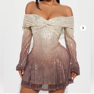 NWT Fashion Nova Champagne to Mauve Ombre Sequin Off-Shoulder Mini Dress